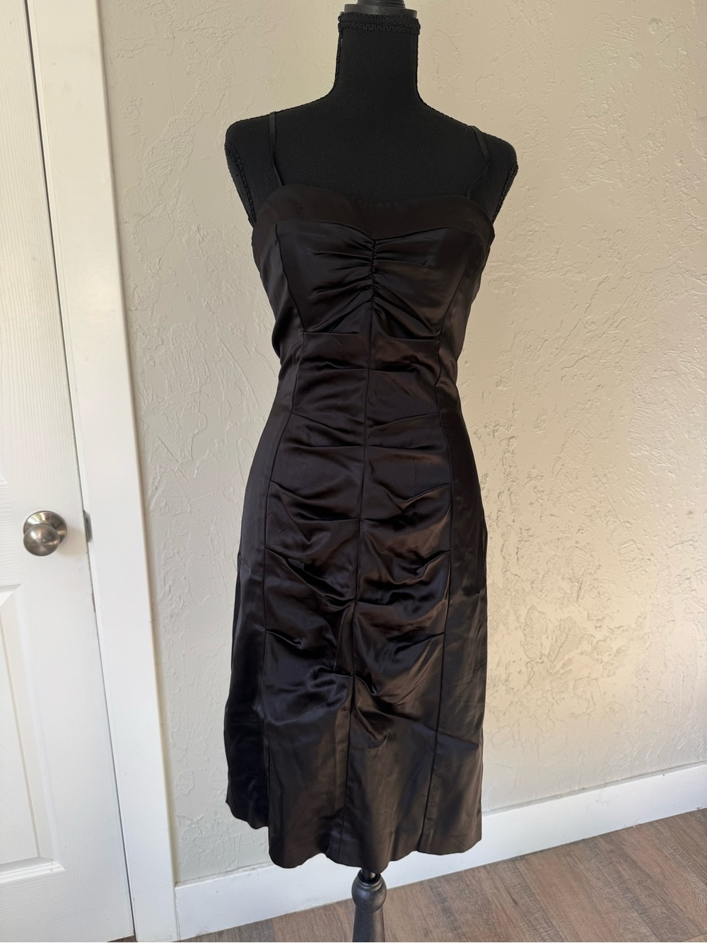 Cache Y2K Vintage Strapless Black Bodycon Satin Ruched Midi Dress